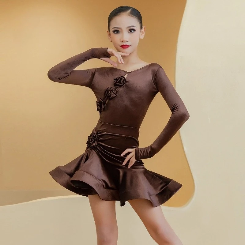 

2025 детское платье для латинских танцев для девочек, новая бархатная тренировочная юбка с длинными рукавами, костюм для выступлений, танцевальная одежда для соревнований