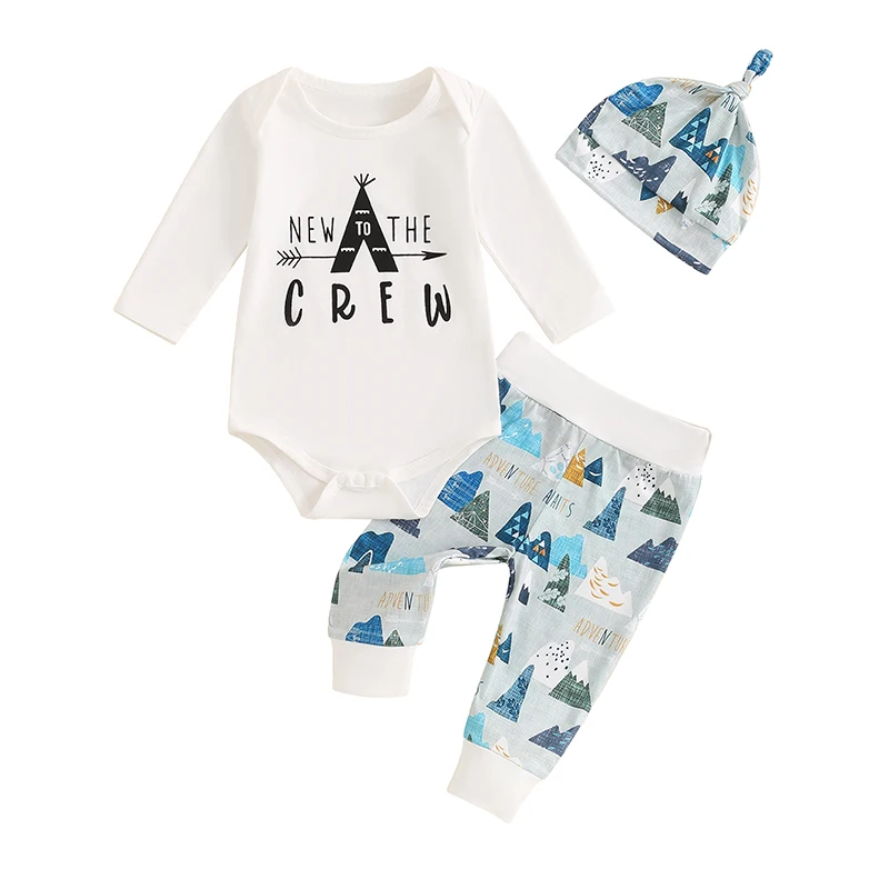 

Newborn Baby Boy Spring Fall Outfit New to the Crew Long Sleeve Romper Top Camping Print Trouser Hat 3Pcs Clothes Set