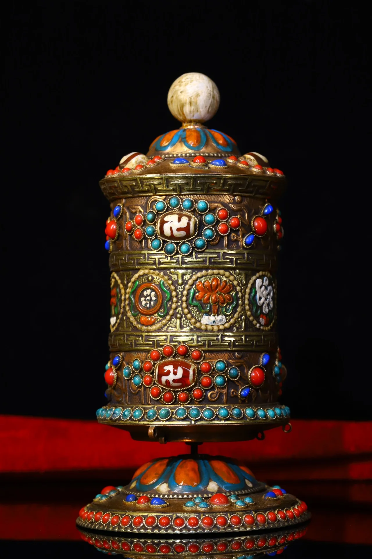 

7"Tibetan Temple Collection Old Bronze Painted Mosaic Gem gZi Beads Eight Treasures Prayer Wheel Old scriptures Town House