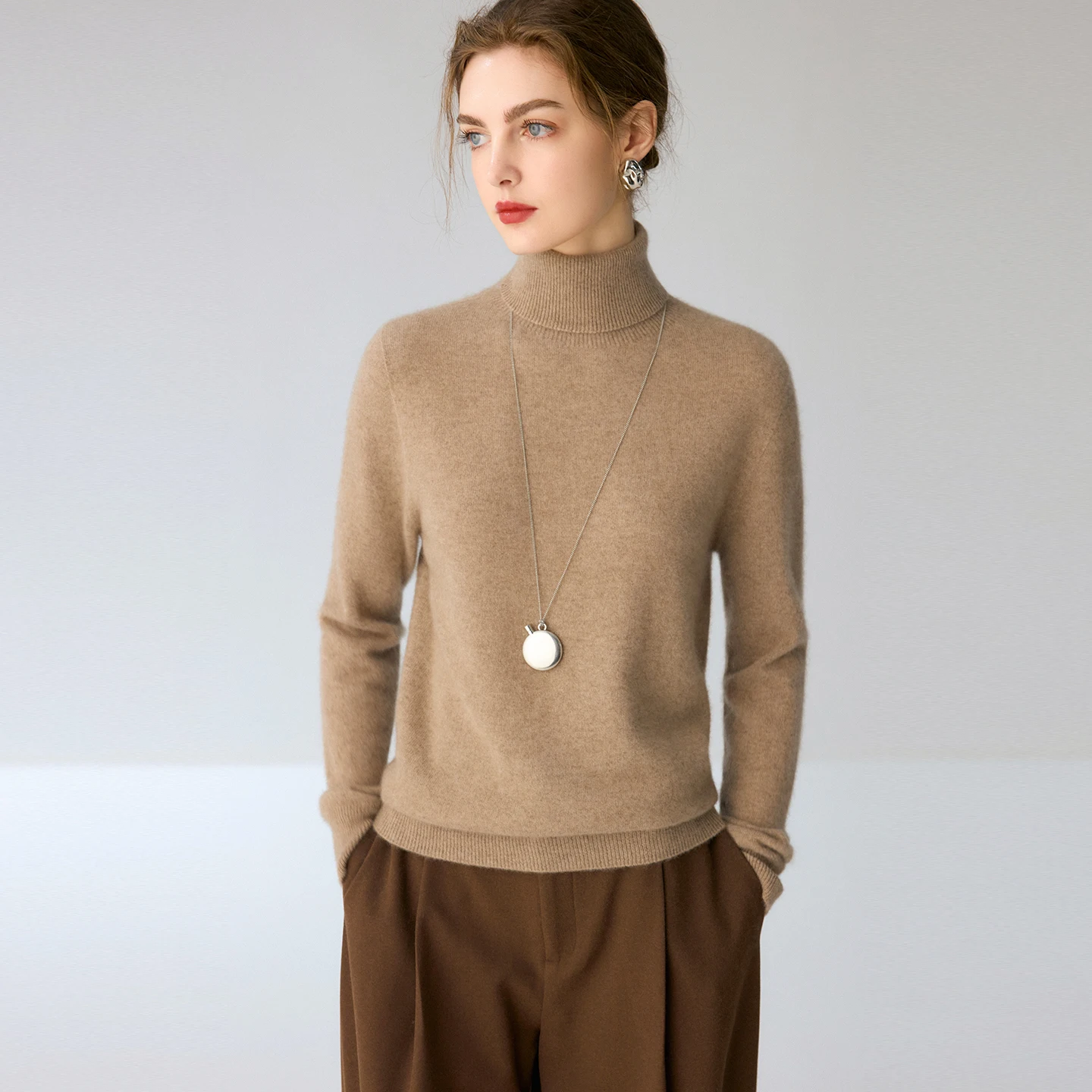 Women's Seamless 100% Pure Cashmere High Neck Knitwear Loose Soft Versatile Base Layer Sweater Comfortable All-Season Cashmere T