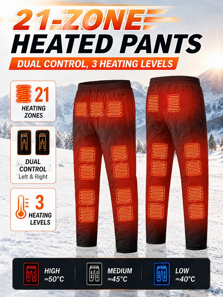 Beheizbare Winterhose mit 22-Zonen-Heizung, Doppelsteuerung, 3 Temperaturstufen, ideal zum Skifahren und für Arbeiten bei kaltem Wetter, Freizeitkleidung