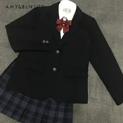 2024 neue japanische jk Uniform lässig Stil Herbst und Winter Anzug Kragen schwarz lose Tasche Knopf Blazer für Mädchen