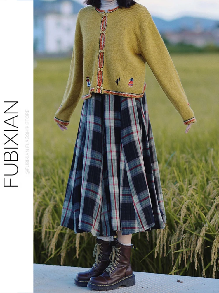 

Retro Plaid Color Blo f Skirt Casual Loose A-Line Slimming Long Dr Casual High Waist Cotton Gingham Cheered Skirt