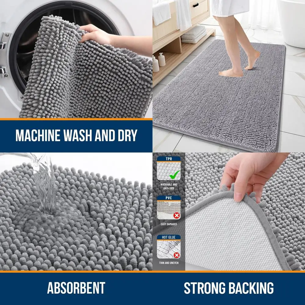 

59x35 Soft Chenille Bath Rugs with Rubber Backing, Quick-Dry, Machine Washable for Bathroom, Grey