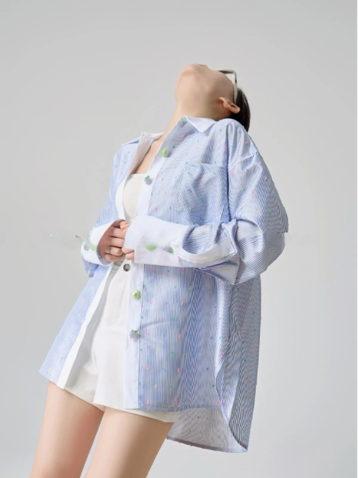 

Синяя полосатая женская рубашка с длинными рукавами для защиты от солнца, свободная летняя блузка нового дизайна, специальная модель, топ из полиэфирного волокна