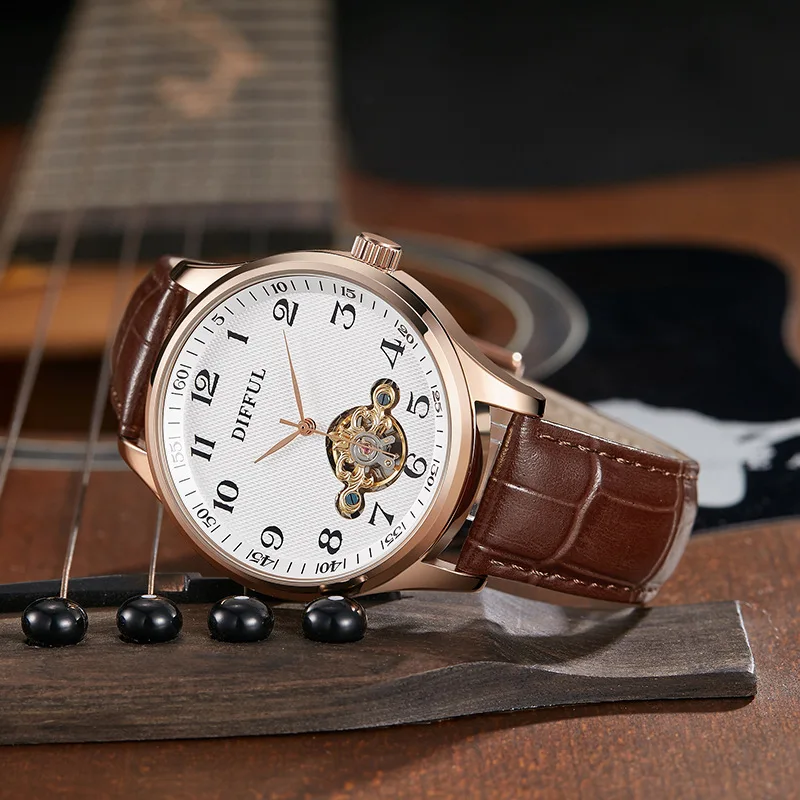 Luxury Automatic Mechanical Watch Leather Strap Transparency Back Mens Self Winding Tourbillon WristWatch Relogio Masculine