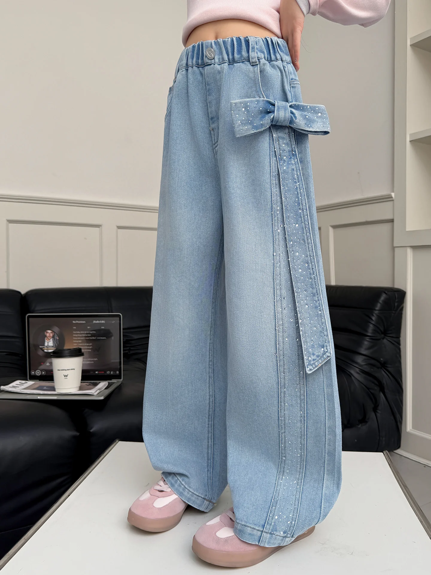 

Весенние модные джинсы для девочек: свободные брюки с широкими штанинами в корейском стиле, повседневные прямые брюки для девочек