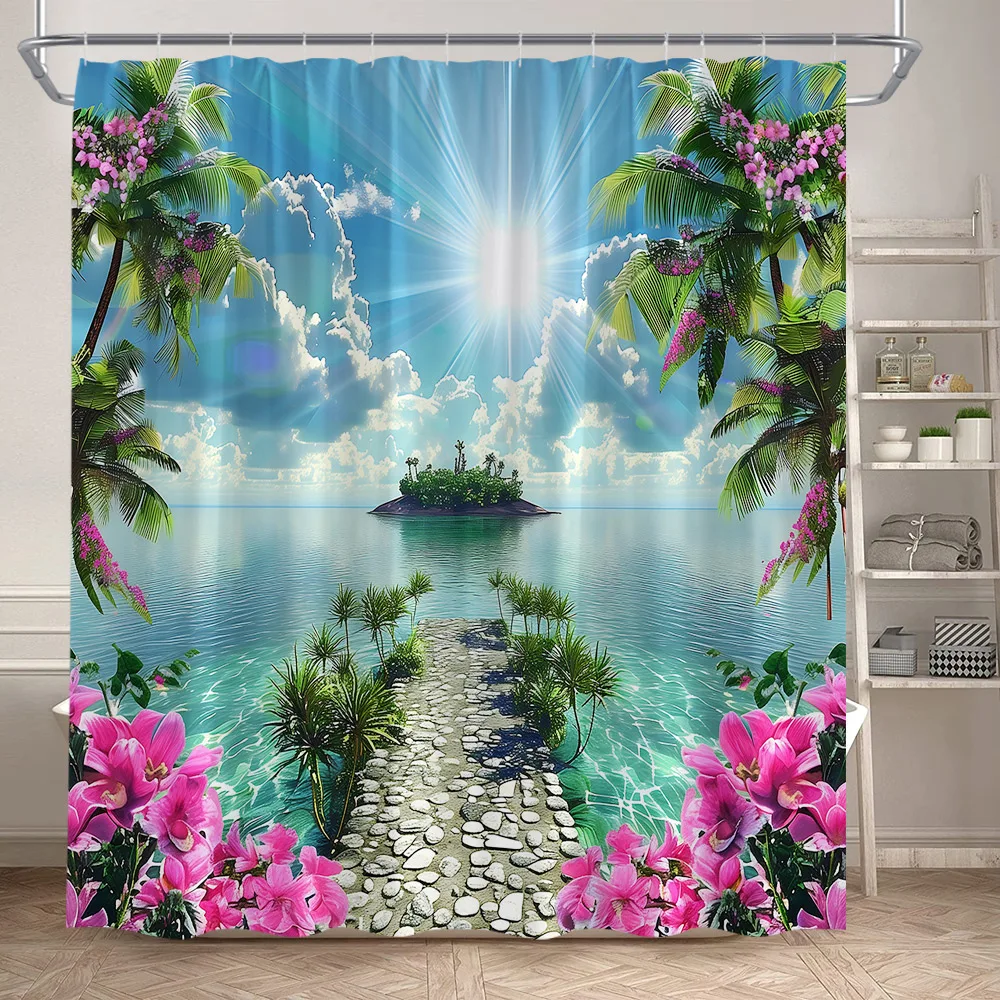 Beach Island Shower Curtain Tropical Palm Leaves Plants Flowers Parrots Blue Ocean Scenery Bathroom Curtains Fabric Home Decor