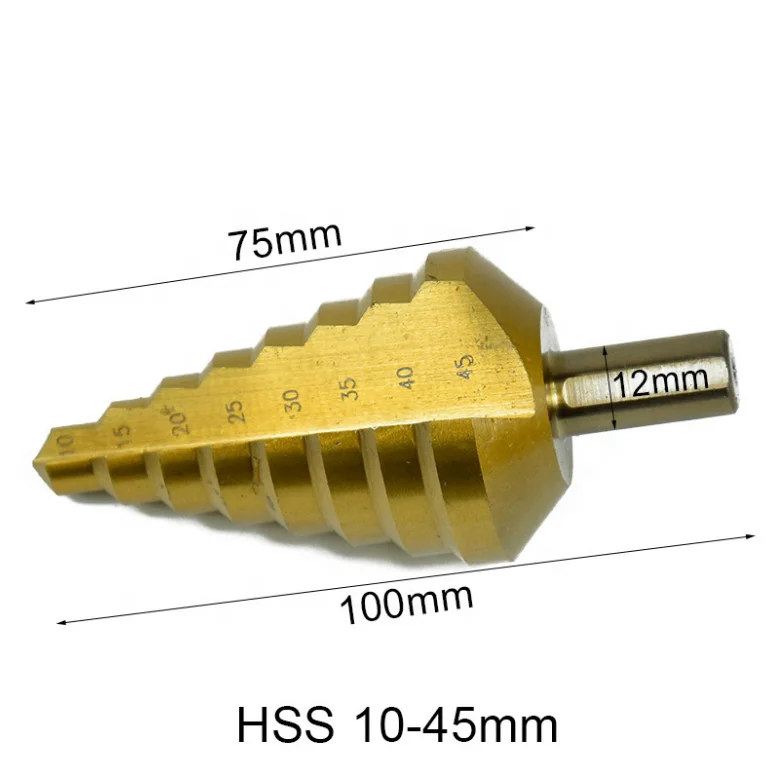 10-45mm Three-Flat Shank Gold color HSS Step Drill Bit with Titanium coating