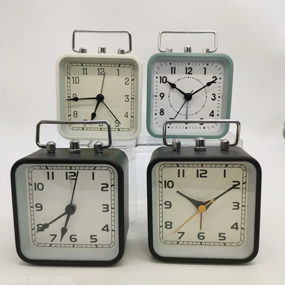 Desktop Silent Metal Square Alarm Clock Mini Quartz Desk Clock With Night Light Student Bedroom Bed Wake‑up Accessory