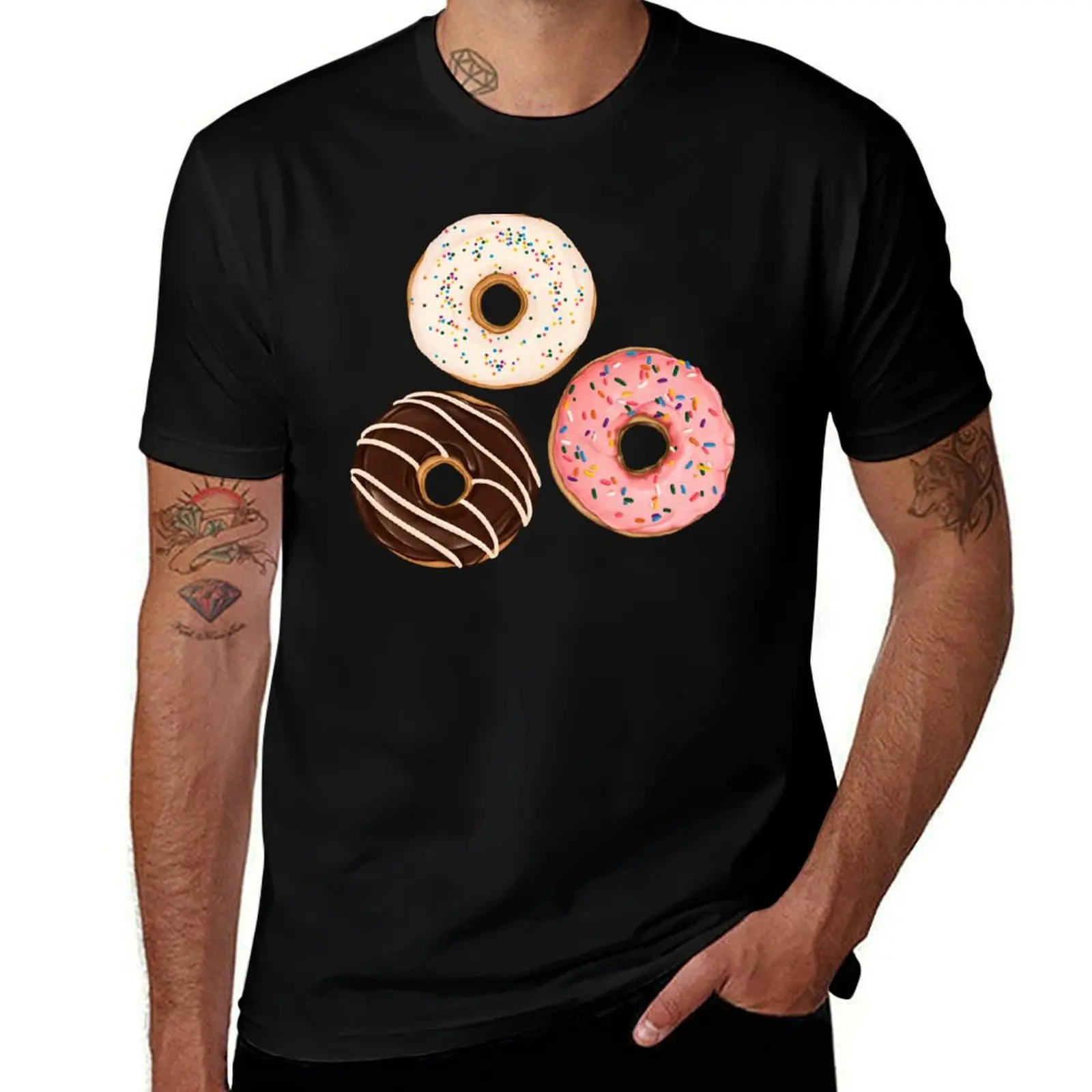

Assorted Donuts - Chocolate Glaze, Strawberry Sprinkle, Vanilla Funfetti T-Shirt Simple Solid Color Crew Neck Tee