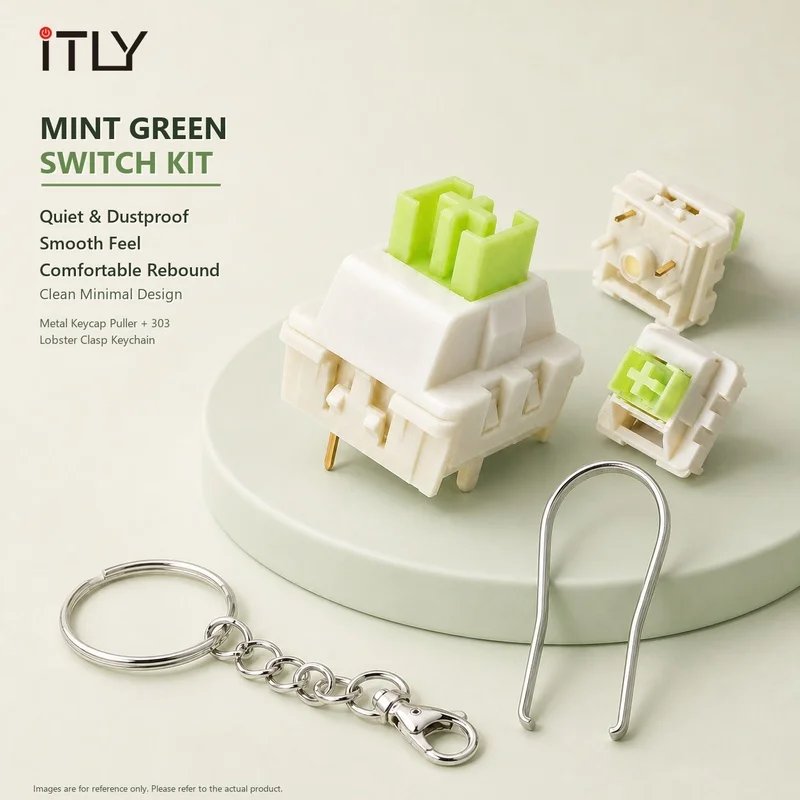 iTLY Milk Green 5Pin Silent Linear Switch POM Stem 1.5mm Actuation Free Metal Key Puller and 303 Lobster Clasps Mech Keyboard