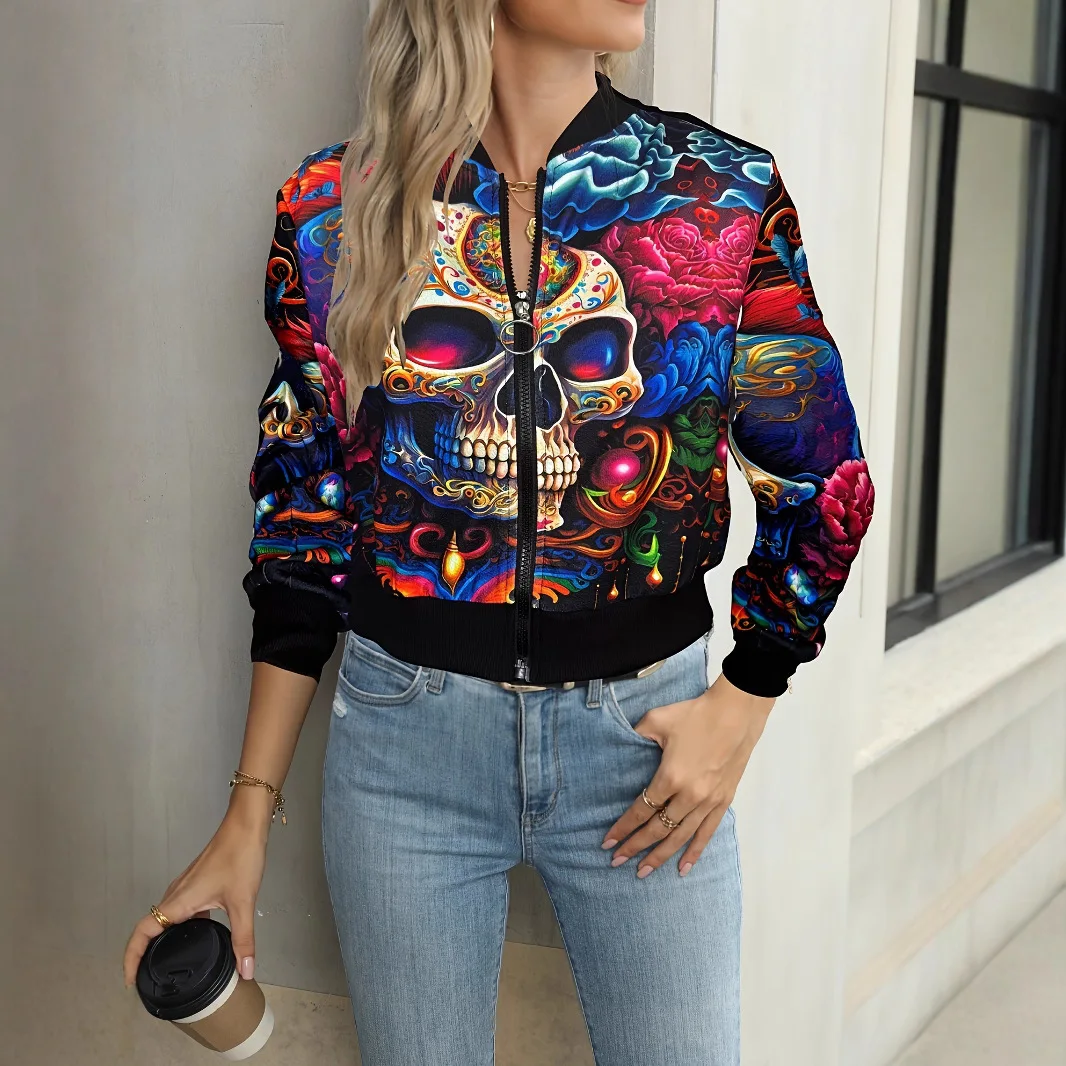 Cappotto corto da donna in stile europeo e americano, giacca in pelle primaverile e autunnale, top casual con cerniera stampata per Halloween da strada fritta