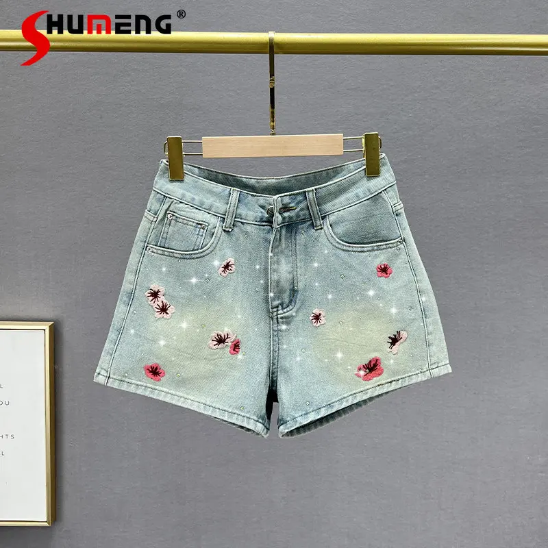 

Embroidered Denim Shorts for Women 2023 New Summer High Waist Slim Fit Slimming Ins Versatile Rhinestone Wide Leg Hot Pants