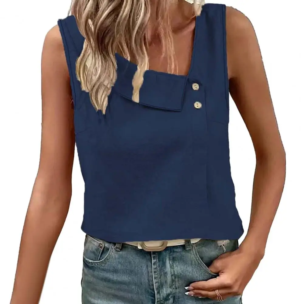 

2026 new Women Tops Skew Collar Sleeveless Loose Fit Casual Tops Pure Color Buttons Decor Pullover Vest Summer Casual Wear