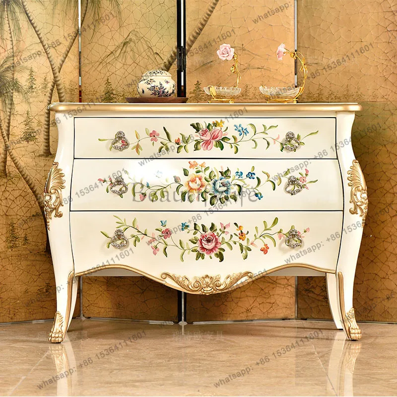 

European neoclassical hand-painted flower three-bucket cabinet gold wood carving flower storage decorative storage chest cabinet