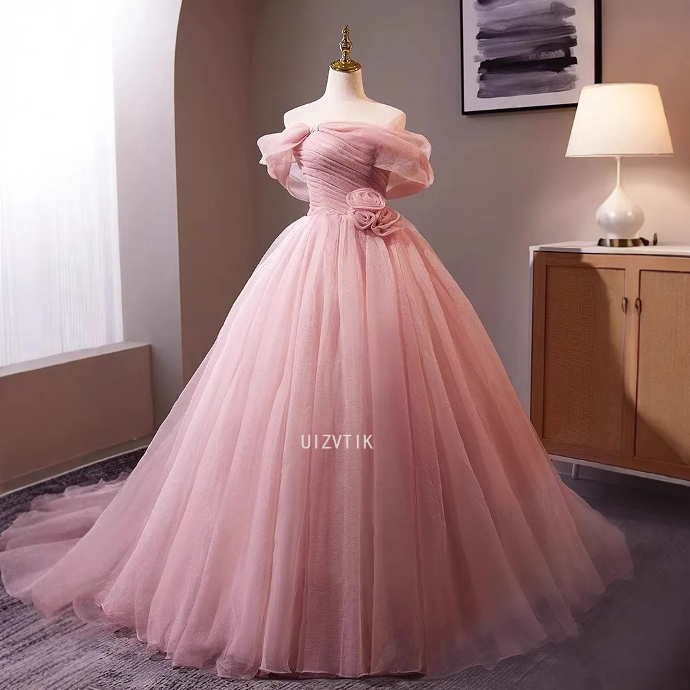 

Off-Shoulder Pink Wedding Dress Fluffy Skirt Princess Style Light Luxury Fairy Atmosphere Banquet Party Evening Gown Customized