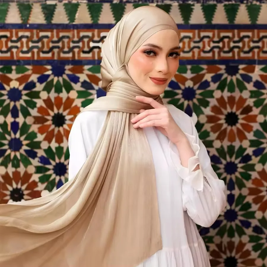 

Breathable Crinkle Chiffon Hijab Scarf Bawal Style Prayer Head Cover Shiny Threads Muslim Headscarf Lightweight Pareo