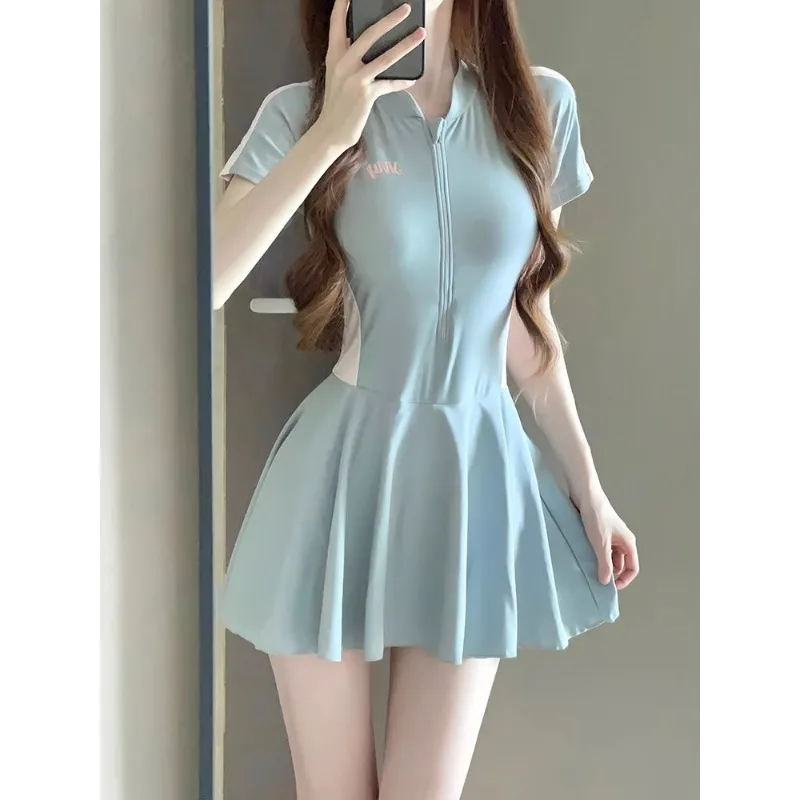 Women Contrast Color Sweet One Piece Swimsuit Short Sleeve Slim Fit Beach Dress Sports Conservative Swimwear Korean Bathing Suit