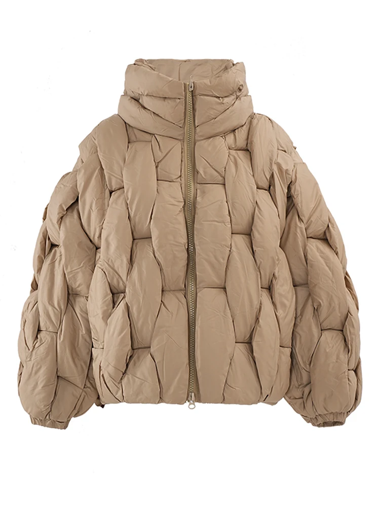 DEAT Fashion Brown Cotton-padded Coat Women's Stand Collar Loose Zipper Woven Twists Quilted Jacket Winter 2024 New Tide CP3464