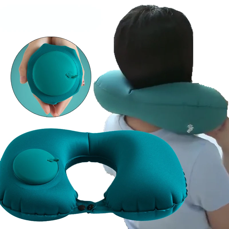 Push-type Inflatable U-shaped Travel Pillow Ring Pillow Folding Press Type Bed Pillows Neck Care Cushion Train Plane Office