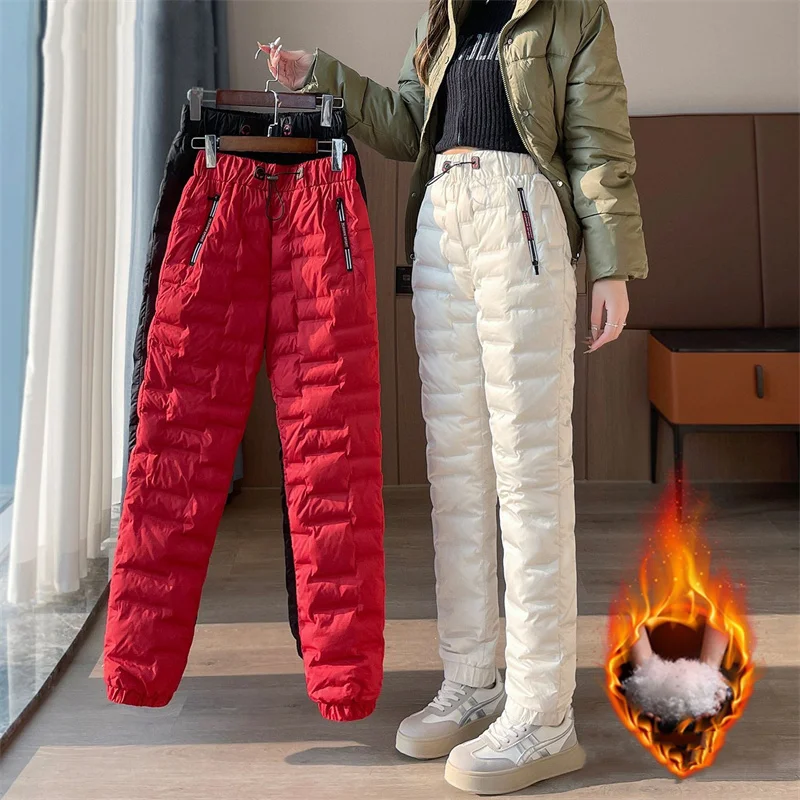 

Women Autumn Winter White Duck Down Padded Thermal Trousers Elastic Waist Drawstring Pockets Thickened Joggers Pants Streetwear