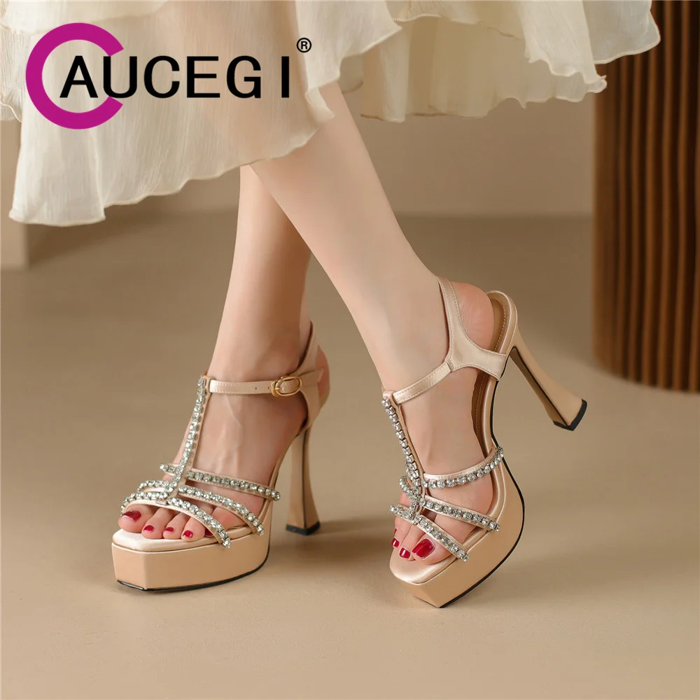 Aucegi New Design Platform Block High Heels Rhinestone Gladiator Sandals Fashion Square Toe Ladies Elegant Banquet Wedding Shoes