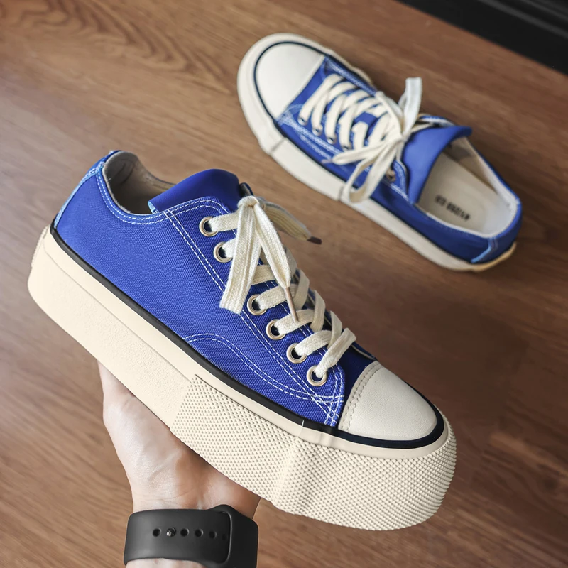 Blue And Red Thick Sole Canvas Sneakers Men Women Chunky Platform Shoes Retro Lace Up Casual Walking Trainers Unisex