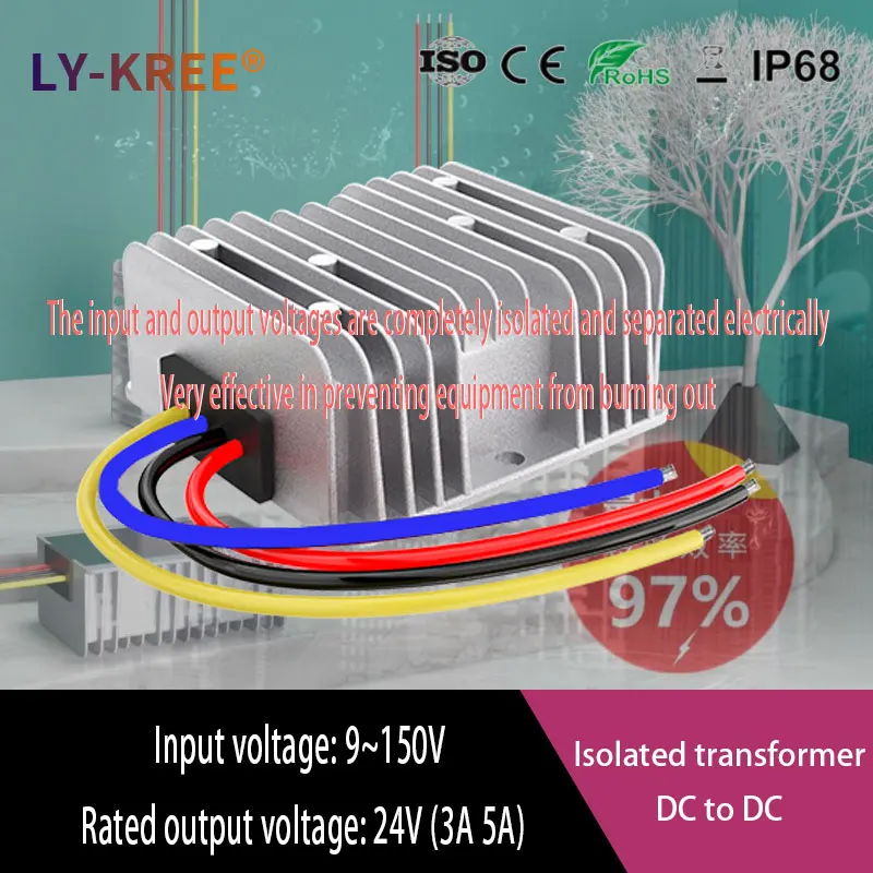9-150V to 24V Isolated DC-DC 48V72V80V110 Power Supply Converter with Automatic Boost/Buck Regulation Module Voltage Regulator