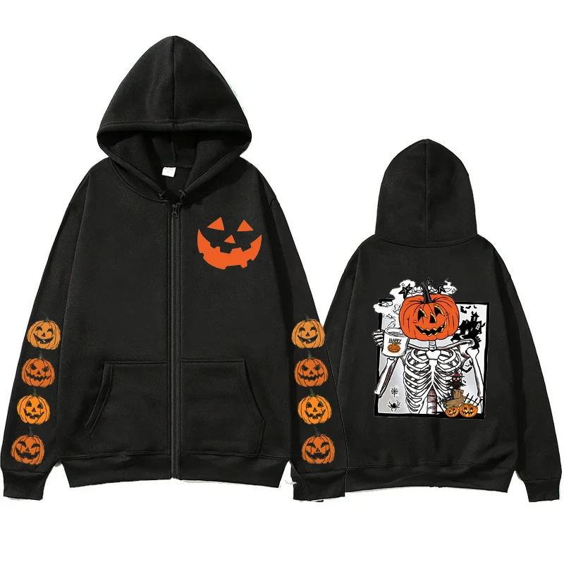 Esqueleto de abóbora bebendo café feminino zip hoodies moletom esqueleto amante do café moletom de halloween crânio abóbora hoodies