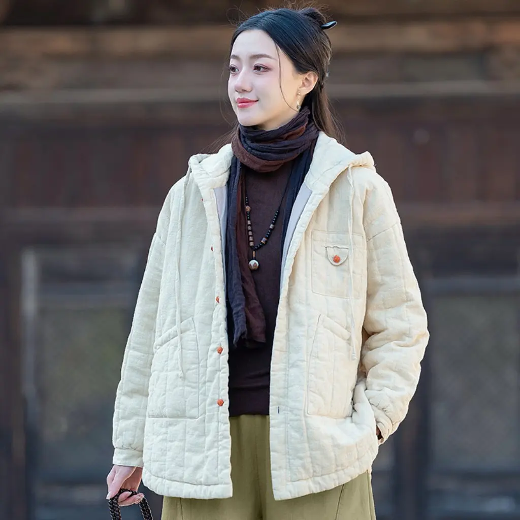 

Winter Women's Ramie Quilted Cotton Jacket Vertical Check Loose Casual Hooded Warm Cotton Outerwear