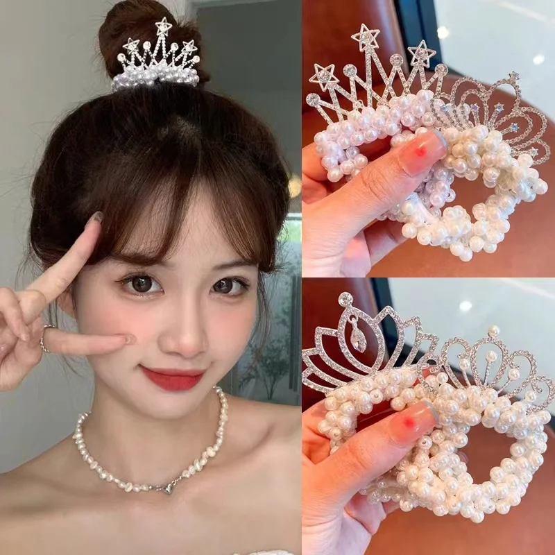 2pcs Hair Accessories Crown Headdress Female Children Tie Hair Leather Strap Princess Headband Marble Head Little Girl Pearl