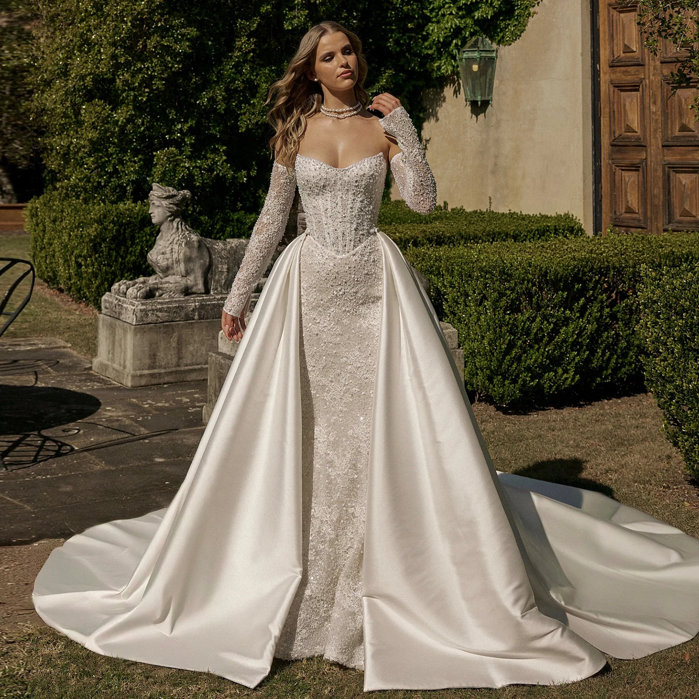 

Sharon Said High-End Luxury Dubai Beaded Mermaid Wedding Dresses 2025 With Overskirt Long Sleeves Bridal Gowns SW060 Customized