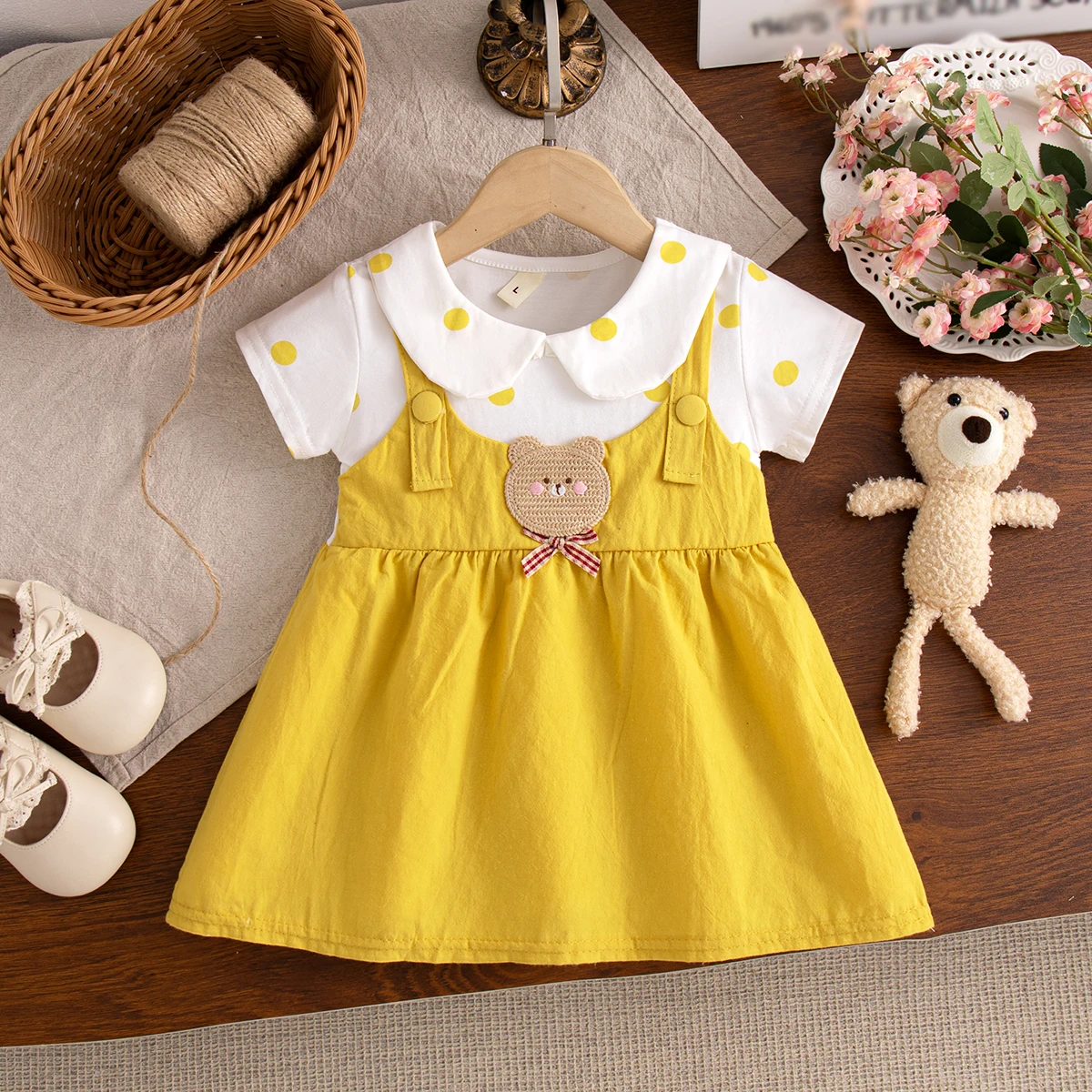 Summer New Baby Girl Dress Cute Teddy Bear Imitation Two Pieces Baby Daily Outdoor Wear Baby Clothing 6 Months -2 Years Old