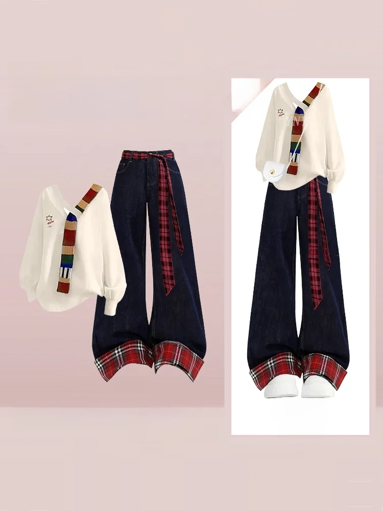 

Зимний японский художественный вязаный комплект: молодежный студенческий модный джинсовый костюм из двух предметов с V-образным вырезом и длинными рукавами