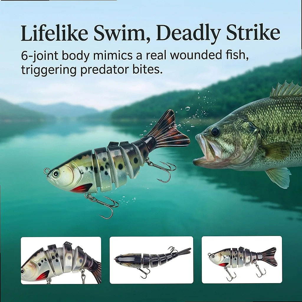 Wounded Baitfish Lure 6-Segment Hard Bait 3/5/10 Pack Slow Sinking Swimbait Rattle 3D Eyes for Bass Pike in Ocean Shore