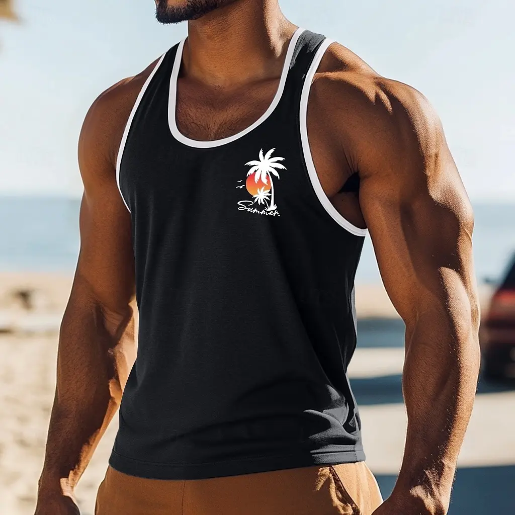 Men's Tank Top Vest Top Sleeveless Shirt Muscle Shirt Sleeveless Crew Neck Summer Coconut Tree Sports Fashion Casual Beach Tops