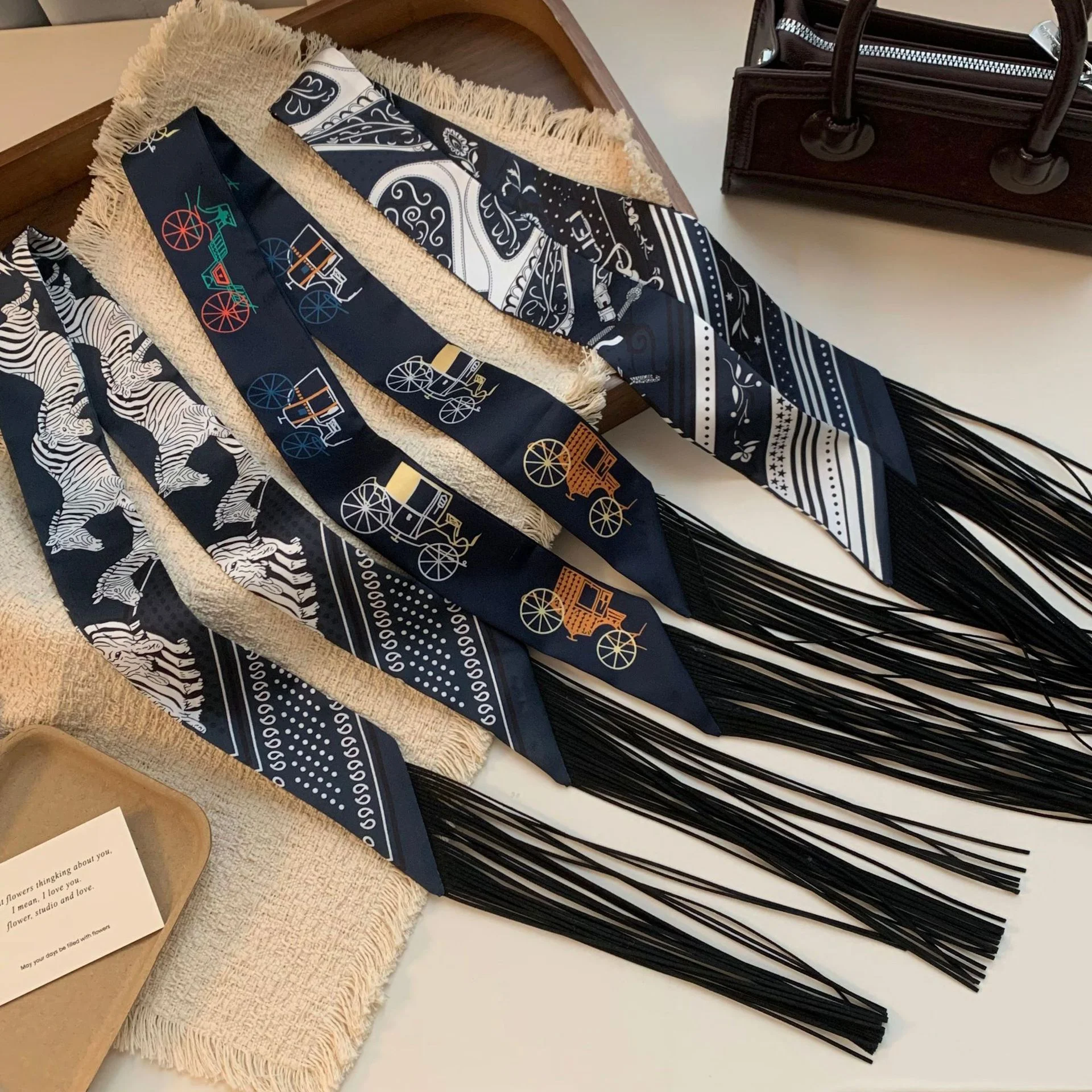 Long fringed scarves, bag trims, and versatile decorative satin hairbands image 3