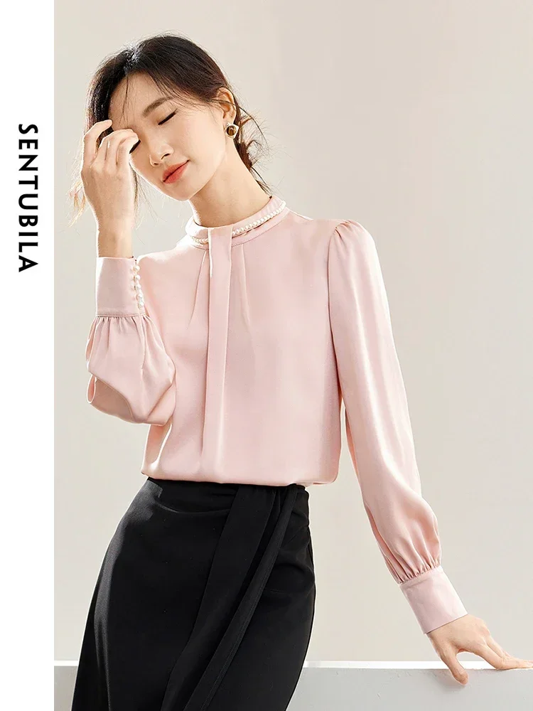 SENTUBILA Women High-end Satin Blouse 2024 Spring Autumn Elegant Long Sleeve Tops Lady Commute Pink Shirts & Blouses 141V53329