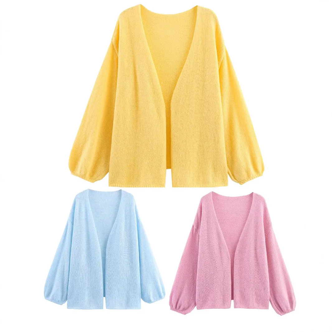 

Woman's Loose Knitted Cardigan Simple V-neck Lantern Sleeve Solid Color Casual Jacket Autumn New Autumn Lazy Style Coats