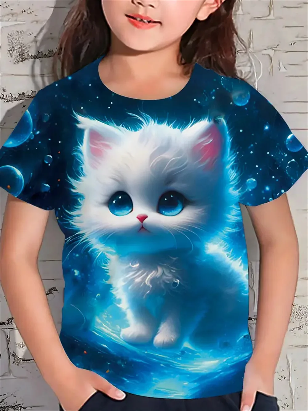 Kaos musim panas anak perempuan lucu, atasan lengan pendek kartun hewan kucing 3d motif 2025 baju anak perempuan Fashion kasual