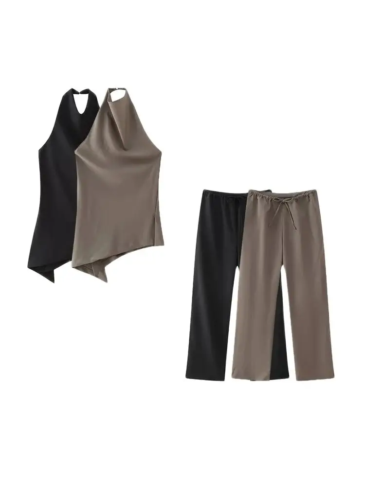 TRZA-Pleated Asymmetric Halter Tank Tops and Straight Pants for Women, Female Two Piece Sets, Fashion