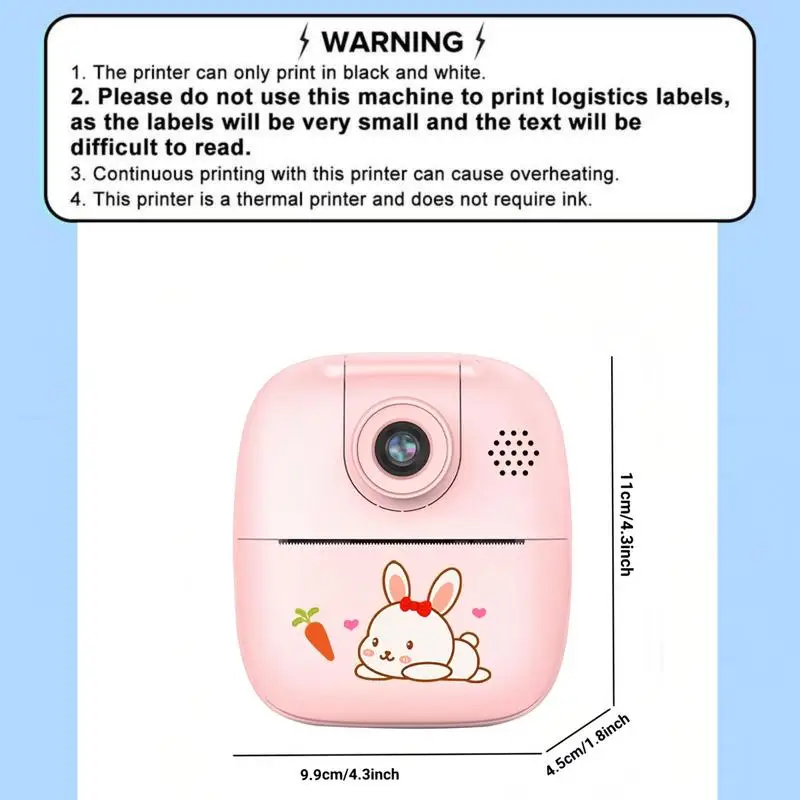 Cute Rabbit Design Instant Print Camera, USB Rechargeable 1080P HD Photos & Videos with Accessories, Birthday Gift Boys & Girls