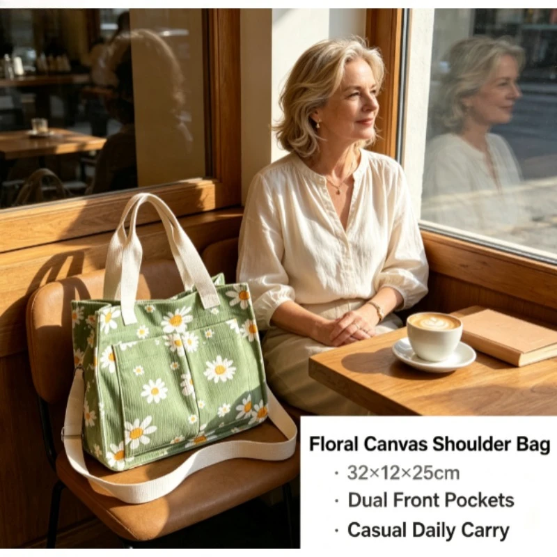 Fashion Corduroy Eco Bag, Large Capacity Simple Commuter Shoulder Bag, Portable Travel Handheld Book Storage Women Tote Bag view 5