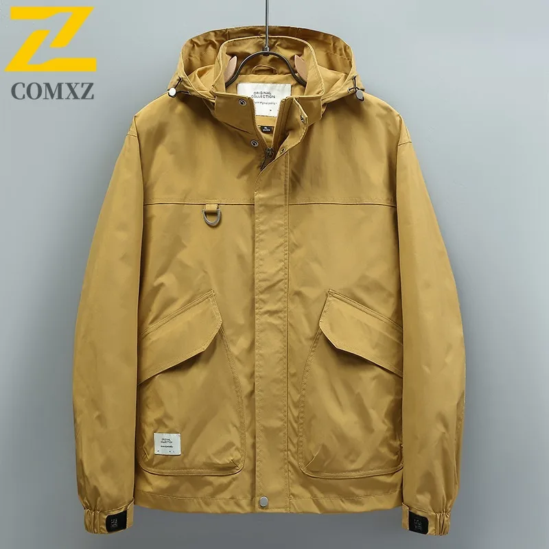 COMXZ Men Hooded Jacket New Lightweight Outdoor Windproof Adventure Fly Fishing Camping Hunting Jackets Multi Pocket Autumn Coat