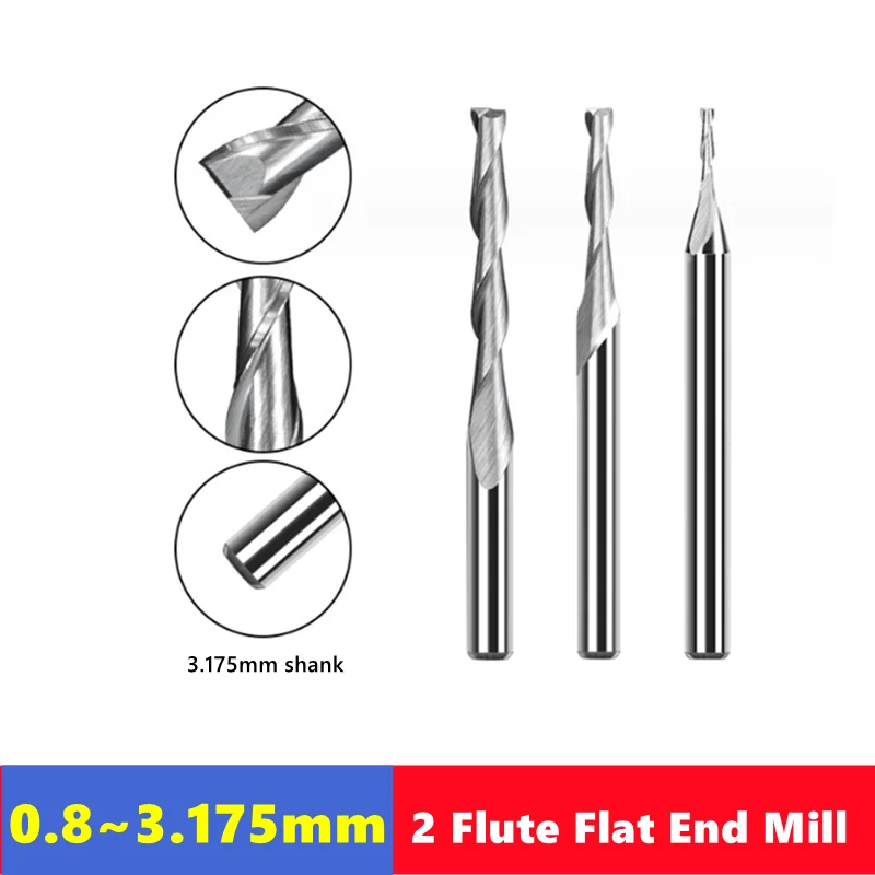 10 sztuk 2-ostrzowy frez płaski 3,175 mm （1/8） chwyt, frez CNC z węglików spiekanych do grawerowania spiralny frez do drewna