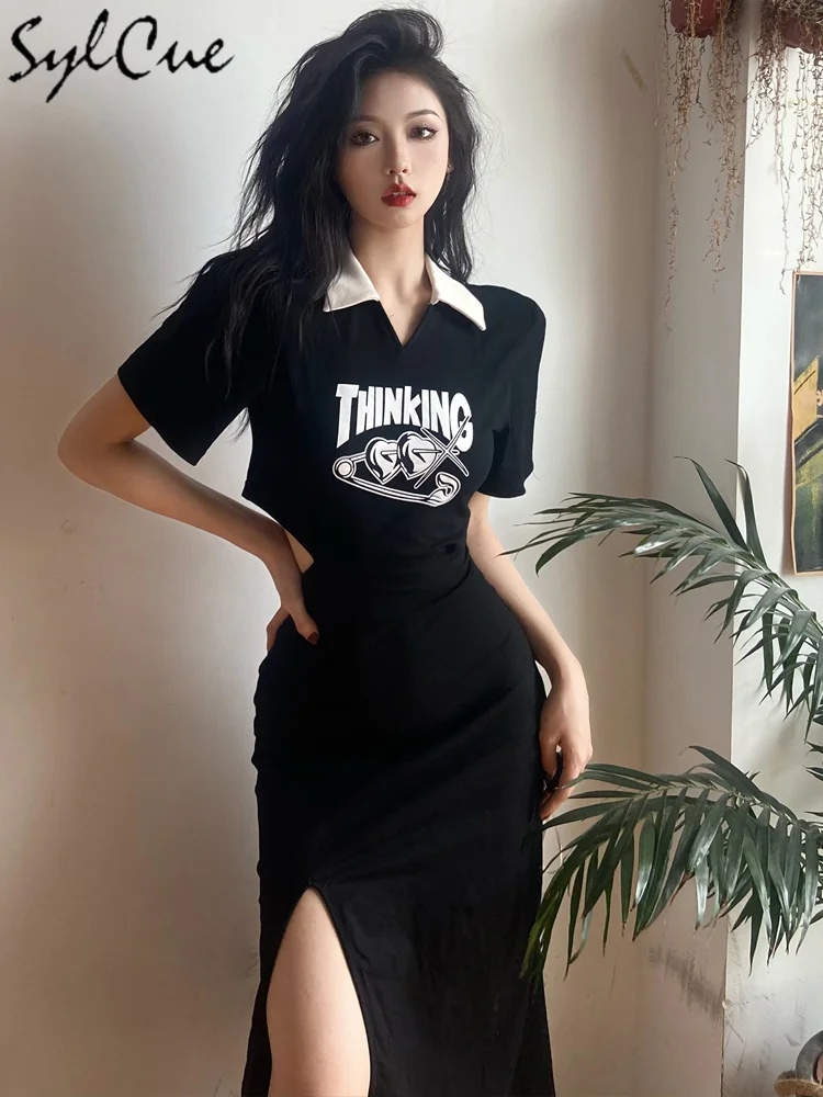 Sylcue Versatile Commuter Sexy Mature Feminine Casual Cool Summer Outing Party Queen High Street Women Short Sleeve Split Dress