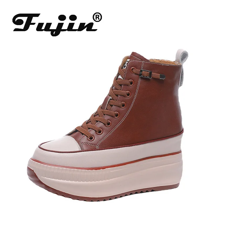 Fujin 7,5 cm Echtem Leder Frauen Schuhe Plattform Keil Turnschuhe Frauen Schuhe High Top Frühling Herbst Sommer Schuhe Atmungsaktiv