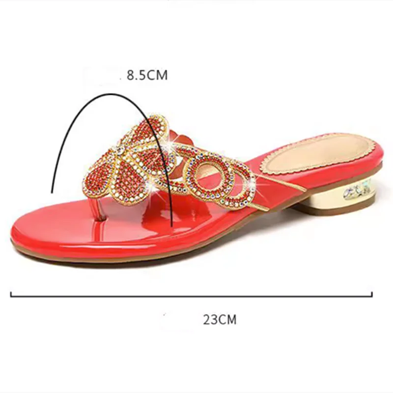 Women Luxry Small Heels 3cm Traveling Comfortable Slippers Crystal Flowers Slides Golden Low Price Choice Flip-Flops 35-41 Zoris