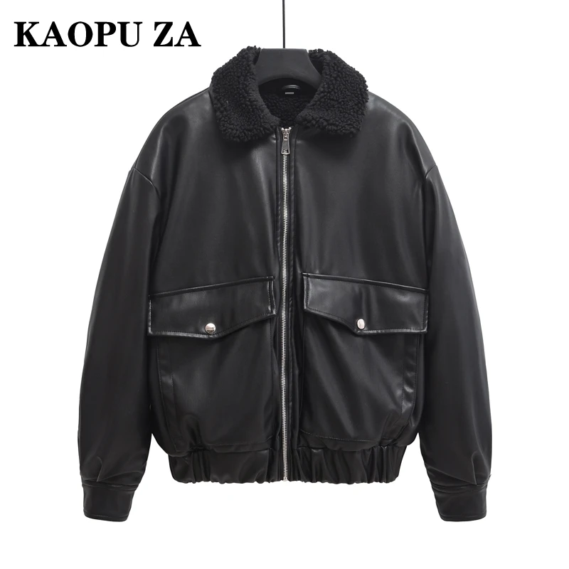 KAOPU ZA Autumn Female Classic Turn-down Collar Faux Leather Outerwear Commuting Winter Woman Long Sleeve Coat Leather Jacket